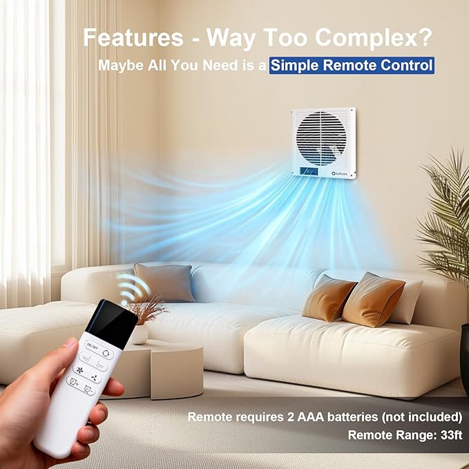 8" Room to Room Fan with Remote, Reversible Through Wall Fan for Quietly Circulating Air, 320 CFM Through the Wall Fan with Temperature Control, Durable Build Quality, In Wall Fan for Closet, Laundry