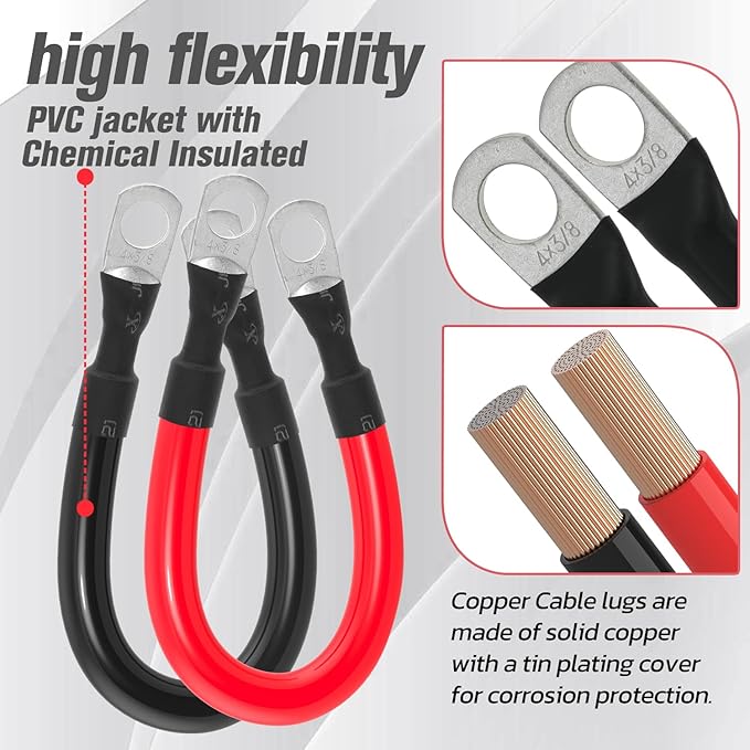 4 AWG Battery Cable 4AWG Gauge Battery Inverter Cables for Automotive Solar Marine Boat RV Car Motorcycle (4 AWG, 1FT, 3/8")