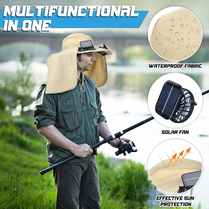 Chuarry Wide Brim Sun Hat with 2 Fan Outdoor Solar Powered USB Charging Fishing Hat with Neck Flap for Men Women