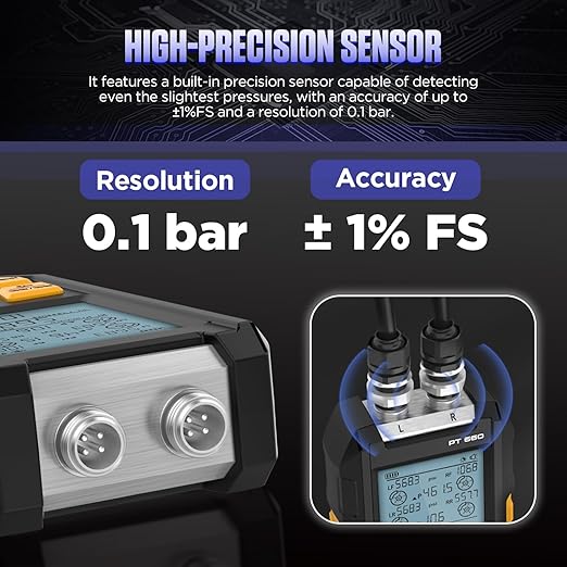 Brake System Pressure Tester with 11 Adapters, 3 Units Switch, Magnetic Back, Smart Alarm Notification, Dual-Port Digital Brake Pressure Tester, 10-21000Kpa, PT660