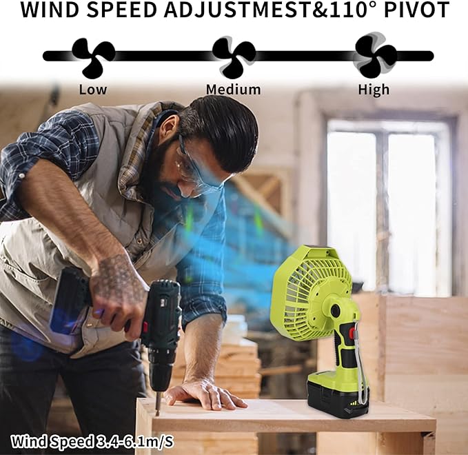 Taingwei Cordless Fan with Remote for Ryobi 18v Battery,Portable Fan with 3 Energy Efficient Speed Settings and Dimmable Led Light (TOOL ONLY)