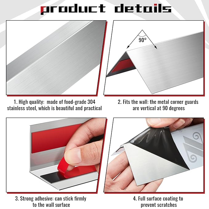 Therwen 5 Pcs 1.5 x 1.5 x 48 Inches 304 Stainless Steel Corner Guards Metal Wall Guard Protector Corner Trim Molding for Door Countertop Furniture Cabinet Protection