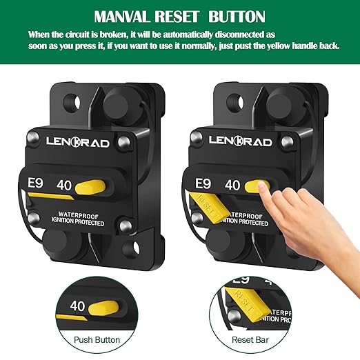 LENKRAD 40amp Marine Circuit Breaker Resettable 40A with Manual Reset Switch Button for Boat Trolling RV Yacht, 12V - 48V DC, Waterproof, Surface Mount(40 Amp Boat Circuit Breaker)