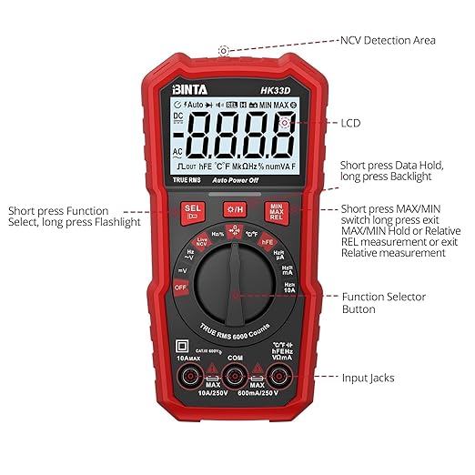 BINTA 6000 Counts Digital Multimeter with NCV, Auto-Ranging Multimeter Tester for Electricians and DIY, Measures AC DC Voltage Current Resistance Capacitance Temperature, Flashlight Backlit Display