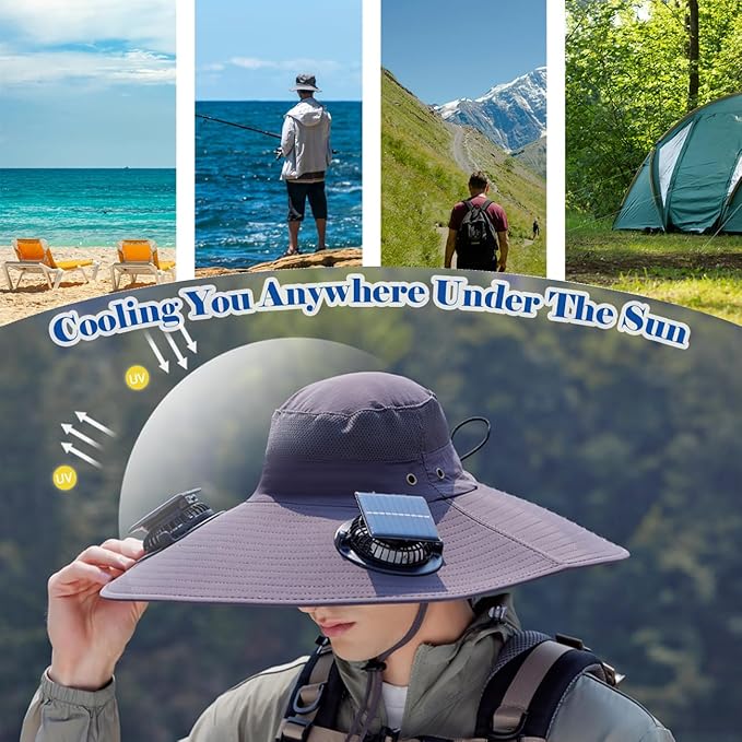 Solar Powered Fan Hat with 2 Fans,Unisex Bucket Hat,Wide Brim Sun Hat for Outdoor Fishing,Hiking,Gardening& Sunbathing