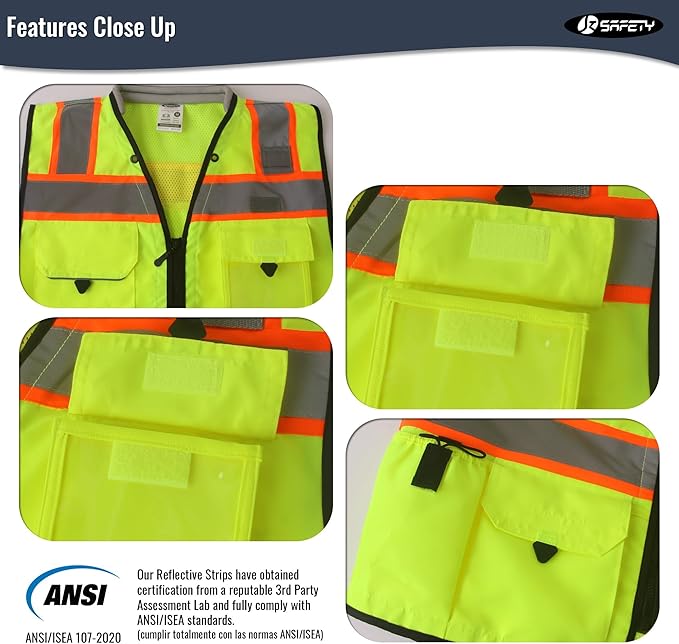 JKSafety Hi-Vis Unisex Surveyor Safety Vest Heavy Duty PPE Inner Pockets ANSI/ISEA Compliant