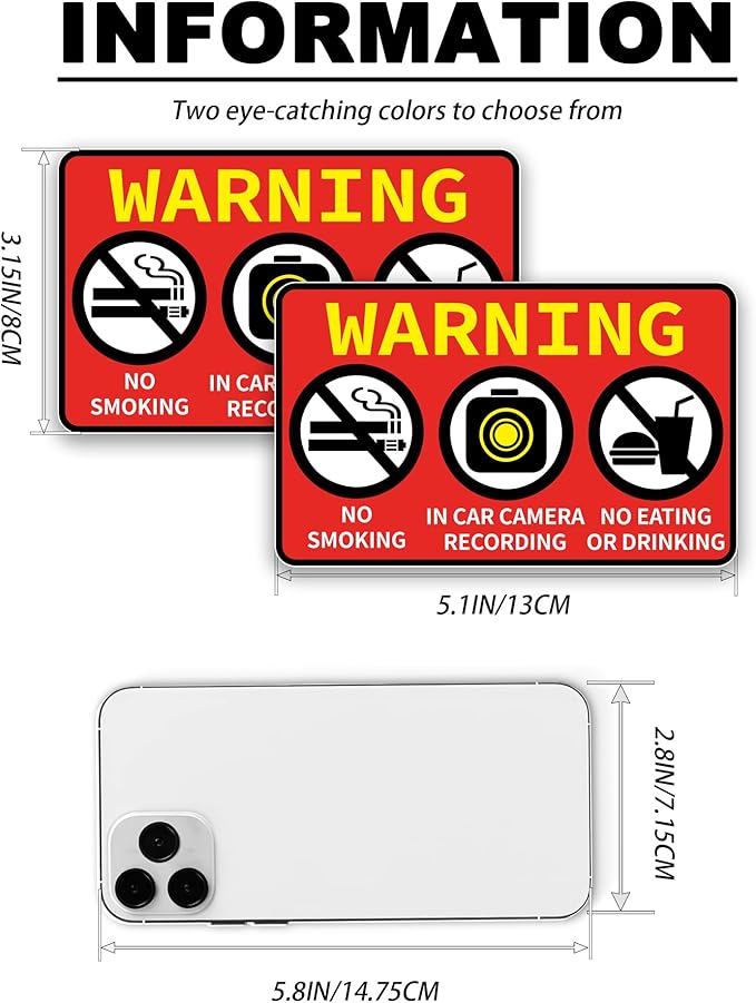 2 PCS No Smoking in This Vehicle, In Car Camera Recording, No Eating or Drinking Stickers，Waterproof and UV Resistant for Van Car SUV Taxi Driver Window Door