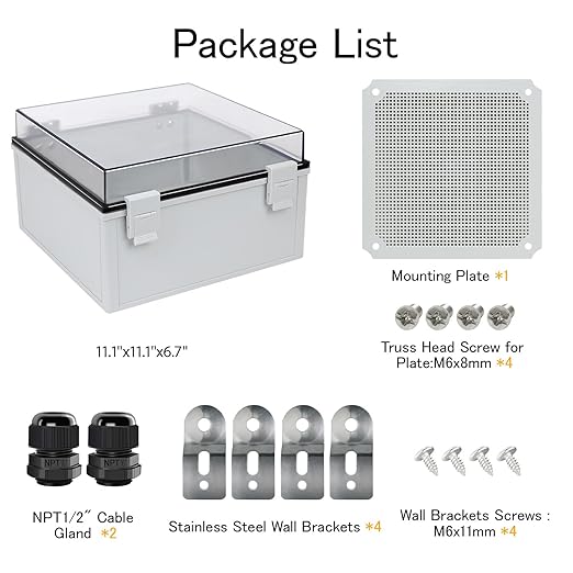 Junction Box IP65 Waterproof ABS Plastic Enclosure Hinged PC Clear Cover Electrical Project Box with Mounting Plate, Wall Brackets, Cable Glands 11.8" x 11.8" x 7.1"