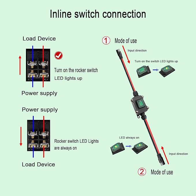 DC 12V Inline Toggle Switch Waterproof On/Off Toggle Switch SAE Cable with Quick Connect/Disconnect Green Light Button for for Motorcycle,Boat, Auto,Truck, RV.or Other Devices (SAE LS)