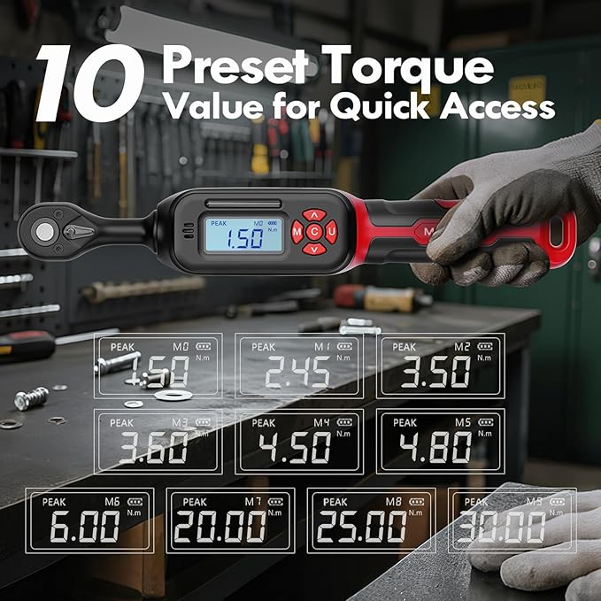 40-Piece 1/4-Inch Drive Electronic Torque Wrench Set, 1-22 Ft.lb (1.5-30 N.m), with Buzzer & LED Indicator, Bits & Sockets for Bicycle, Motorcycle, Lug Nut Maintenance