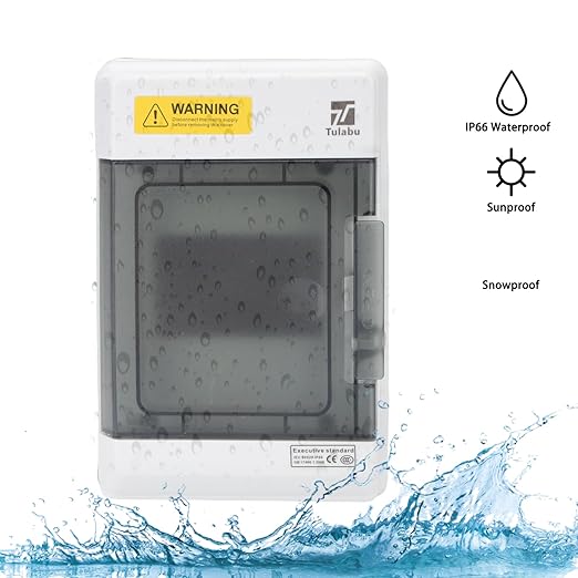 Waterproof 4 Way Breaker Box IP66 PC/ABS Alloy Plastic Power Distribution Box Enclosure with Clear Cover, Bus Bars and DIN Rail