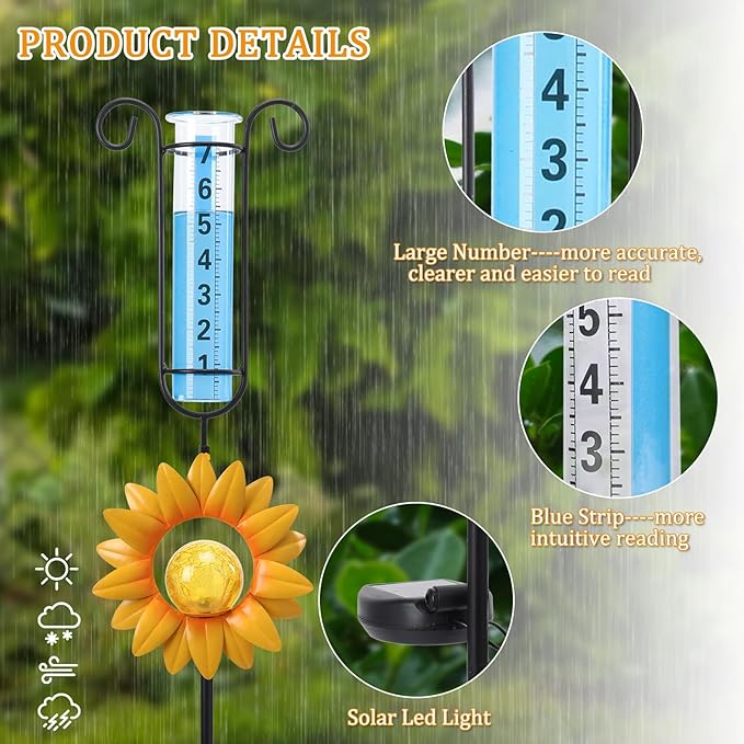 WONDER GARDEN Solar Rain Gauge Outdoor, Sunflower Decorative Rain Gauges Outdoors Best Rated with Yellow Crackled Glass Ball, Freeze Proof Water Rain Measure Gauge for Yard Patio Lawn Decor
