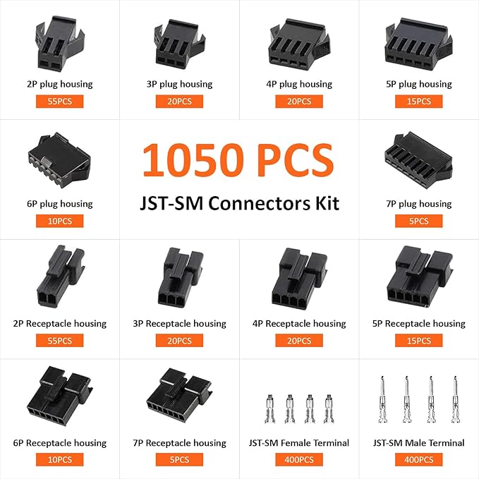 Preciva Crimping Tool Connector kit, 1050Pcs JST-SM Connectors Set, AWG28-18/0.08-1mm² Ratcheting Crimper Tool for Dupont, Molex, ATX, JST Series