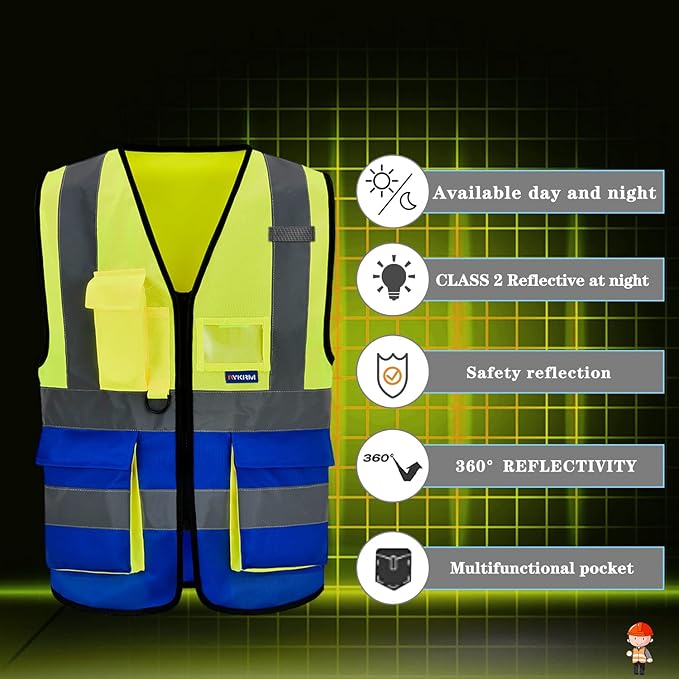 A-SAFETY Reflective Safety Vest, Hi Vis 9 Pockets High Visibility Zipper Front Safety Vest, Yellow&Blue Color Mixed, L