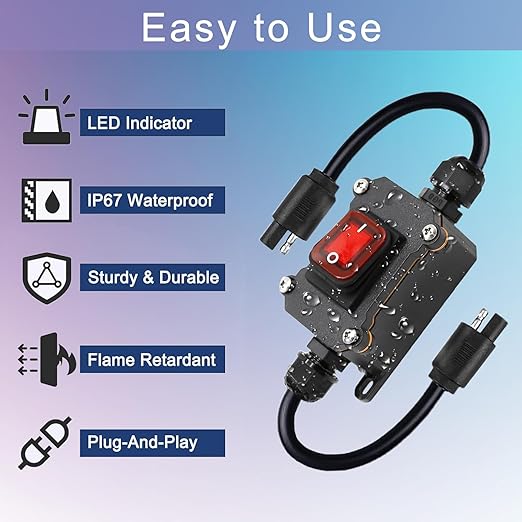 Inline 12V Power Switch SAE Connector IP67 Waterproof, SAE Plug with ON/Off Switch Quick Connect Disconnect Snap, 14AWG Heavy Duty Inline Switch for Solar Panel, Motorcycle, RV, Camp Trailer