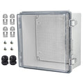 Waterproof Electrical Box with Mounting Plate, IP67 Junction Box Stainless Steel Latch Hinged Clear Cover Project Enclosure with Wall Bracket and 2 Glands 8.3" x 8.3" x 5.1"