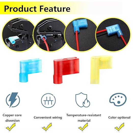 smseace 80Pcs Right Angle Spade Connector 22-18/16-14/12-10AWG Nylon Quick Disconnect Flag Terminal Red/Yellow/Blue 90 Degree Wire Terminal Connector