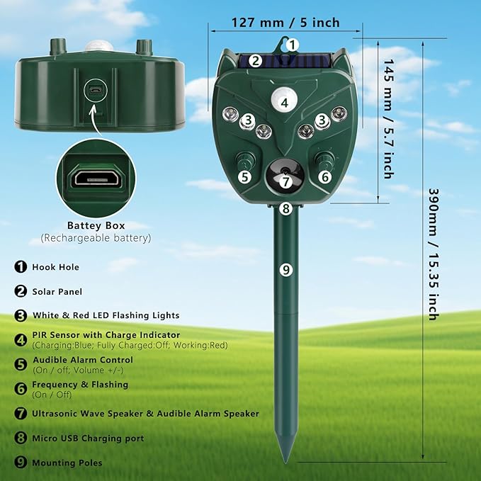2 Pack 2026 Upgraded Solar Ultrasonic Animal Repellent Outdoor – Motion Activated Deer, Squirrel, Cat, Raccoon, Dog & Bird Deterrent with Multi-Frequency LED Strobe & Ultrasonic Sweep for Yard Garden