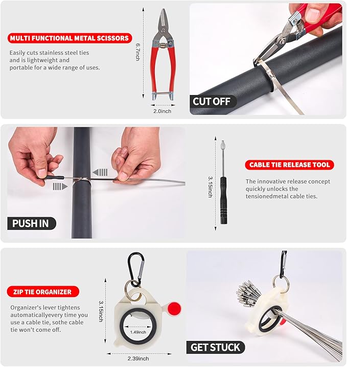 Metal Zip Ties Gun Set-For Fastening And Cutting Tie Special Tool,With 150pcs Stainless Steel Zip Ties Heavy Duty Outdoor，For Chain Link Fence Parts, Wire Fence Rolls,Exhaust Wrap, Poultry Fence