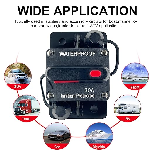 30 Amp Circuit Breaker Resettable Fusewith Manual Reset Switch Button Waterproof 12V-48V DC for Boat Trolling Motor Marine ATV Trailer Vehicles Stereo Audio Electronic Battery Solar System
