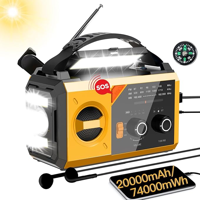 20000mAh/74000mWh Solar Hand Crank Emergency Radio - AM/FM/NOAA Weather Alert, Portable Power Bank, 3-Mode Flashlight & Reading Lamp, SOS Alarm, Phone Charger for Outdoor/Camping/Emergenc(Yellow)