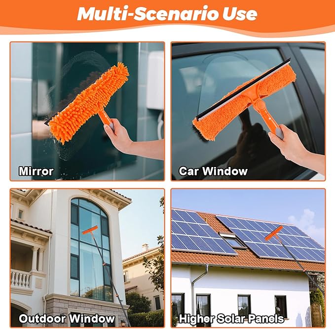 Window Squeegee with Carbon Fiber Extension Pole for Home, 3.5 to 12Ft Window Cleaning Kit Tool Outdoor, Lightweight Professional Window Washing Kit with Rotatable Head & 2 Scrubbers, 2 in 1