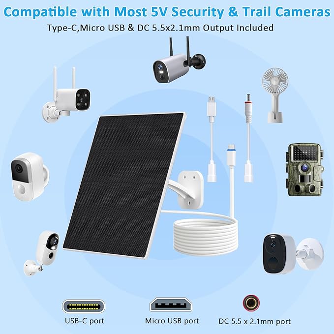 FUTUREZEN Solar Panel for Security Camera, 10W Solar Charger with DC 5.5x2.1mm, USB-C & Micro USB Port, IP66 Waterproof, 360° Adjustable Mount, 7.2FT Cable