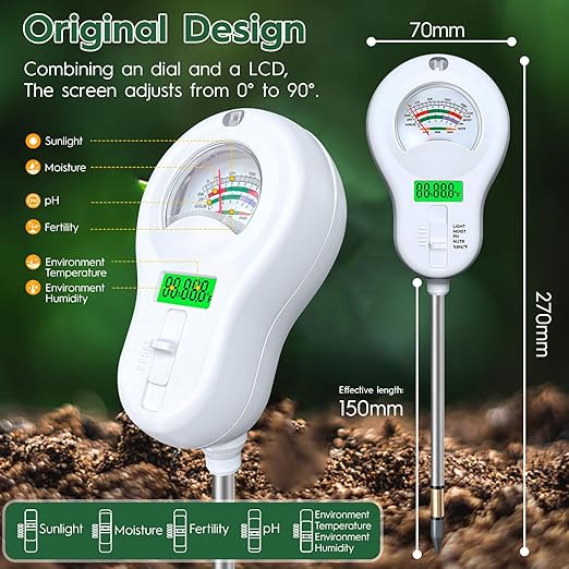 6-in-one Soil Test Kit-Soil Moisture Meter/PH Meter/Fertility/Sunlight Intensity Soil Tester, LCD Air Hygrometer&Temperature Moisture Meter for Plants-Garden, Lawn,Farm,2 Pack Detachable Probe