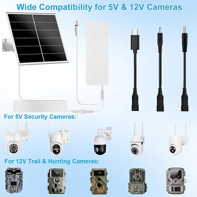 20W Solar Panel Kit with 24000mAh Battery for Security & Trail Cameras, 5V/12V Adjustable Output, USB-C & DC Plugs, IP66 Waterproof, 360° Mount