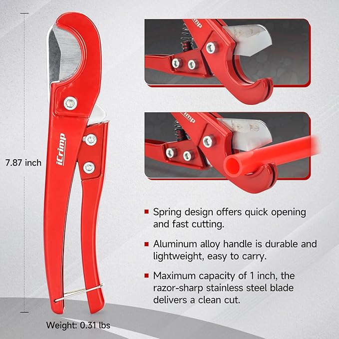 iCrimp Angle Head F1807 PEX Pipe Crimping Tool for Copper Rings - 1/2&3/4&1-inch Three Crimper Set with Cutter, Suitable for Tight Spaces