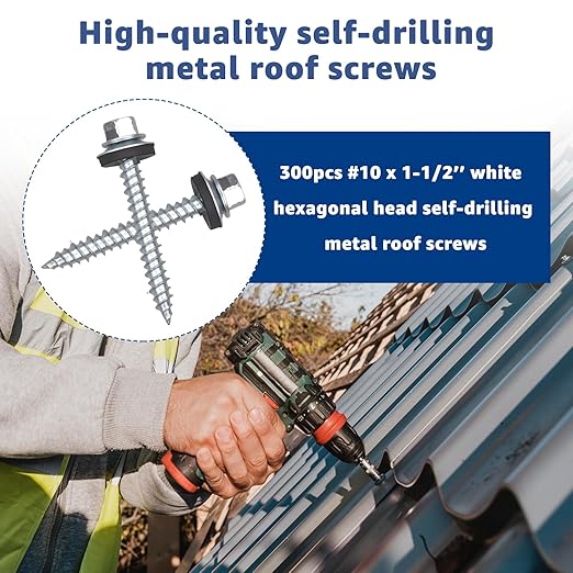 Metal Roofing Screws 300PCS #10 x 1-1/2 inch, Hex Head Sheet Metal Roof Screw with EPDM Washer Replacement for Corrugated Roofing