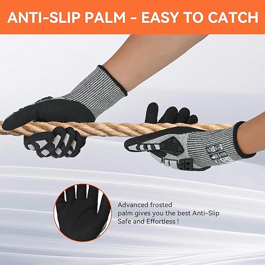 Safety Work Gloves, Impact Gloves for Men Women, Cut Resistant Non-Slip Heavy Duty Gloves with Nitrile Grip, Touch Screen Glove with Impact Protection for Mechanic Construction, Medium, Grey