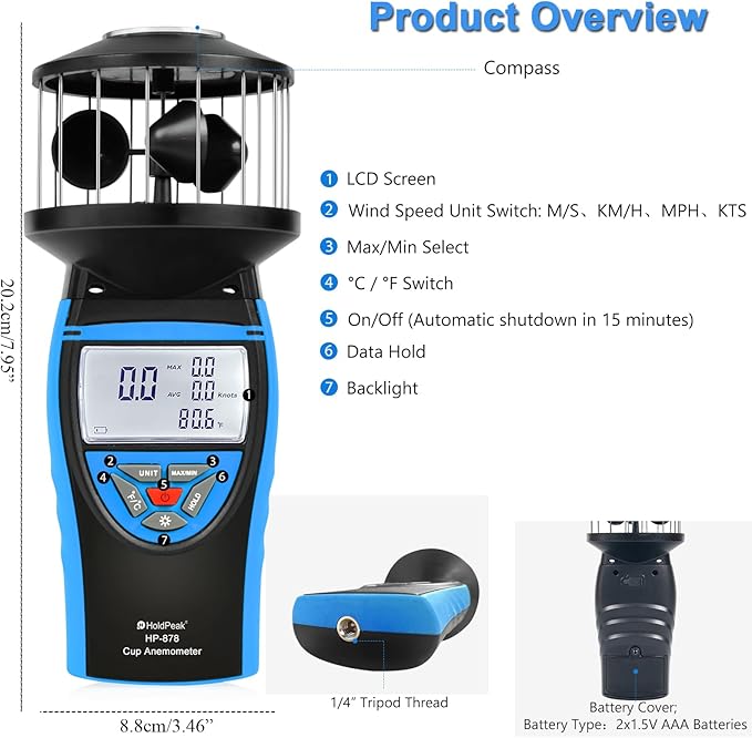 HoldPeak Handheld Cup Anemometer with Compass, 360° Wind Measuring Digital Air Wind Speed Meter, 93MPH Wind Speed Measuring Device Gauges for Outdoor Sailing HVAC Golf Shooting