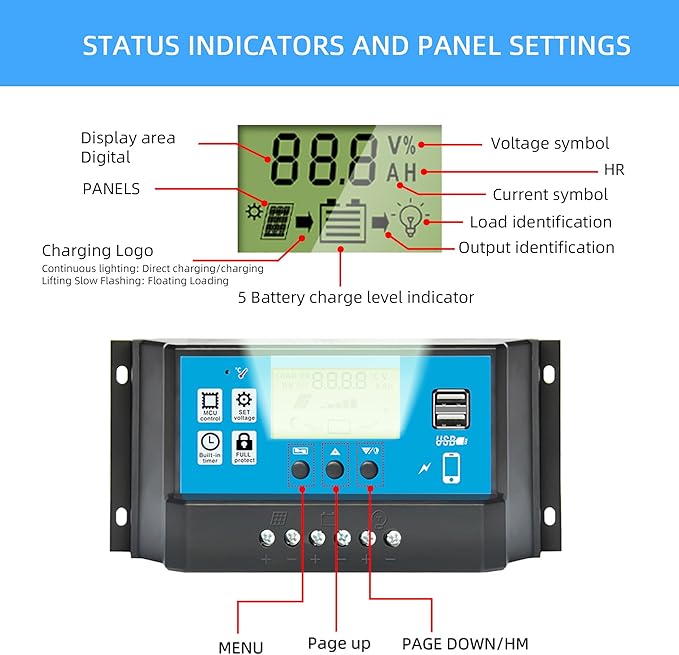 Anern 60A PWM Solar Charge Controller 12V/24V with LCD Display, Dual USB Solar Panel Battery Intelligent Regulator, Auto Parameter Adjustable, Timer Setting, Multiple Load Control Modes
