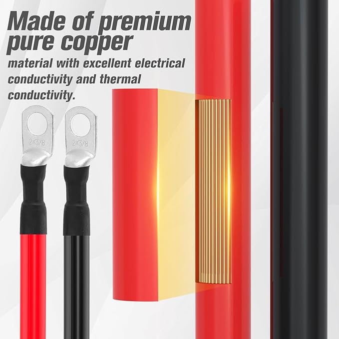 2 AWG Battery Cable 2AWG Gauge Battery Inverter Cables for Automotive Solar Marine Boat RV Car Motorcycle (2 AWG, 3FT, 3/8")