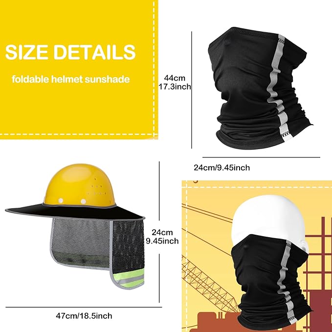 SATINIOR 2 Pcs Sun Hard Hat Neck Protection High Visibility Full Brim Mesh Sun Protection and Neck Gaiter Bandana Face Scarf for Construction Helmet Hard Hat Accessories, Reflective(Black)