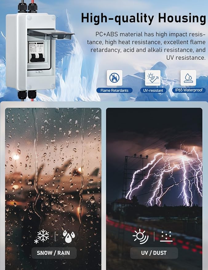 DIHOOL AC DC Circuit Breaker with IP65 Din Box for Solar Systems, 15 Amp 2 Pole 12V-400V, Non Polarized, Solar Panel Disconnect Switch, PV Array Shut Off Isolator