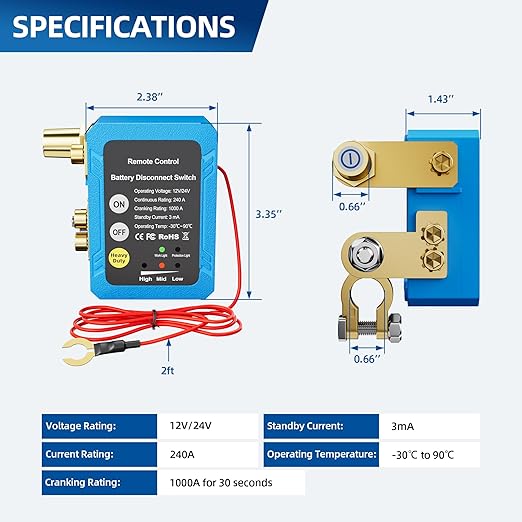 Remote Battery Disconnect Switch 12V 240A Kill Switch Automatic Power Shut Off Switch for Car, Auto, ATV, Truck (Side Installation)