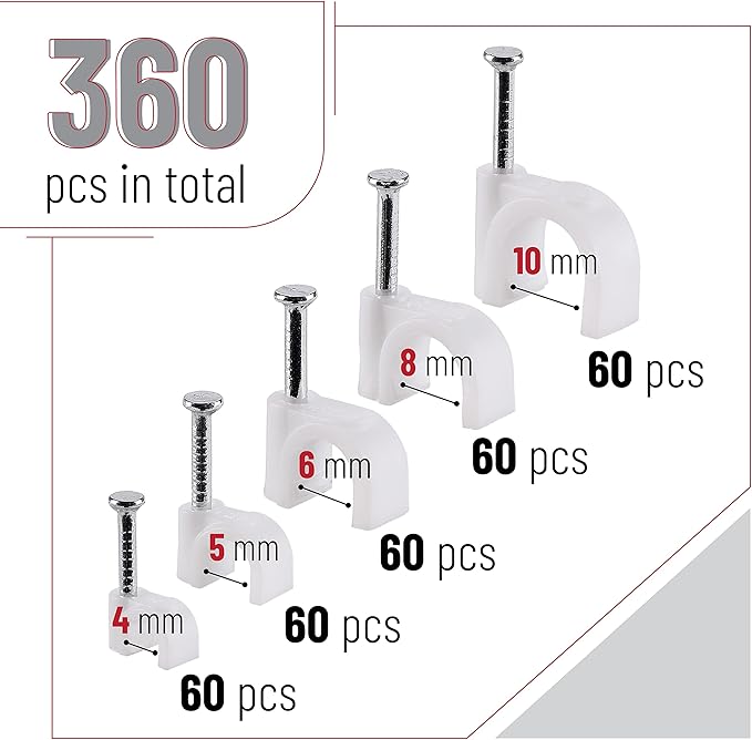 Bates Cable Clips with Steel Nails - White, 360 pcs, 4mm-10mm, Universal Cable Clips