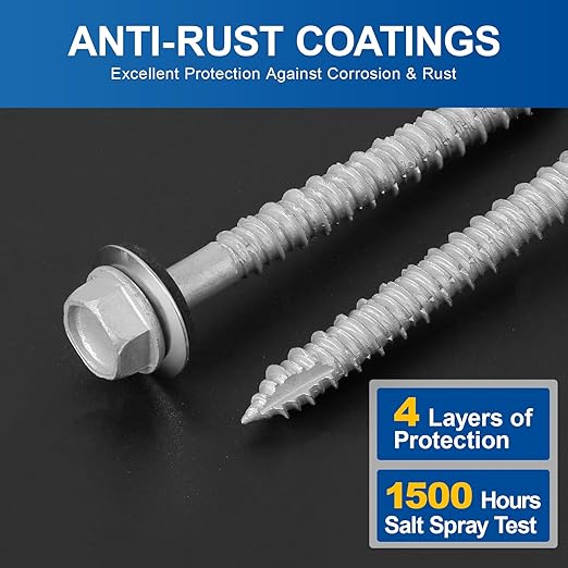 Metal Roofing Screws #14×2Inch, 500-PCS, Hex Head Rustpert Coating Sheet Metal to Wood Siding Screw with EPDM Rubber Washer, Sharp Point, Hex Socket Included