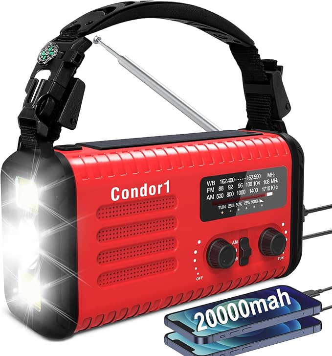 AM FM NOAA Portable Emergency Radio，USB-C/Solar/Hand Crank Charging, Strong Reception & Sound, Large Dial Easy to Use,Alert, Flashlight, Reading Lamp, Cell Phone Charger and SOS Siren