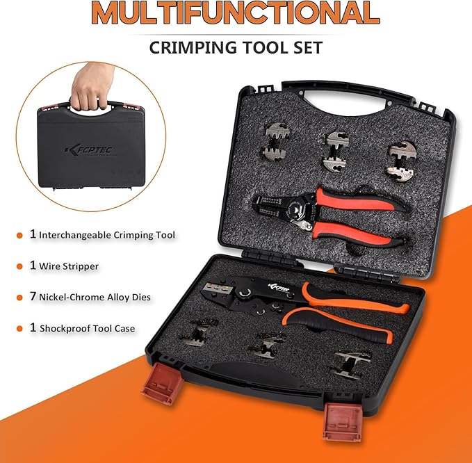 KF CPTEC Heavy Duty Crimping Tool Set, 9PCS Ratcheting Wire Crimper with Interchangeable Jaws, AWG 22-2 (0.5–35mm²), for Ferrules, Heat Shrink, Open Barrel, Insulated & Non-Insulated Terminals, Solar
