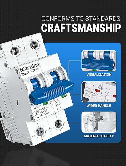 Miniature Circuit Breaker 1000V DC Circuit Breaker 2 Pole 32Amp Smart Circuit Breaker,DC Disconnect Switch DIN Rail Mount for Marine Power Systems, Solar photovoltaic Systems (C32A)