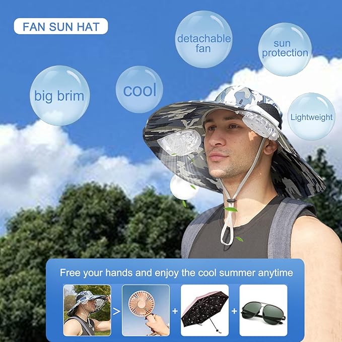 Mens Sun Hat with 2 Fan, Summer Cooling Wide Brim Bucket Hat, Beach Hat Garden Hat, Solar + USB Dual Power Supply