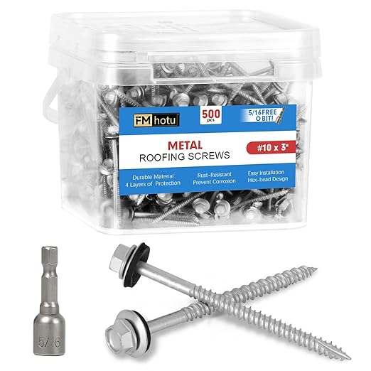 Metal Roofing Screws #10×3Inch, 500-PCS, Hex Head Rustpert Coating Sheet Metal to Wood Siding Screw with EPDM Rubber Washer, Sharp Point, Hex Socket Included