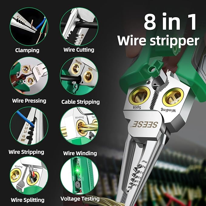 8-in-1 Wire Stripper Pliers: Compact Portable Multi-Function Electrician Tool - Wire Stripping/Wire Cutting/Wire Crimping for Circuit Repair, Outlet Installation & Professional Use