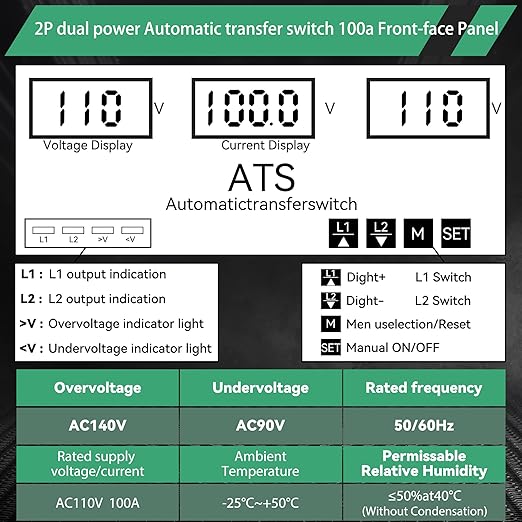 100amp AC110V Automatic Transfer Switch with LED Display, 50/60Hz 2P ATS Auto Dual Power Outdoor Changeover Switch for Home Generator,L1 Priority Din Rail Mount CE Certified Selector Transfer Switches