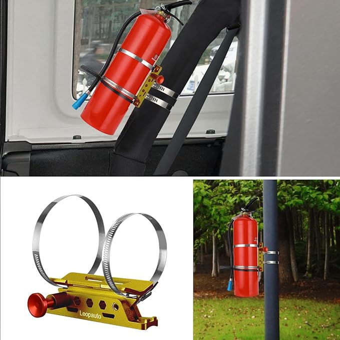 Universal Fire Extinguisher Mount, Aluminum Quick Release Roll Bar Fire Extinguisher Bracket Holder with 8 Clamps Compatible with Jeep Wrangler JK TJ JL JKU Polaris RZR Ranger UTV, Gold