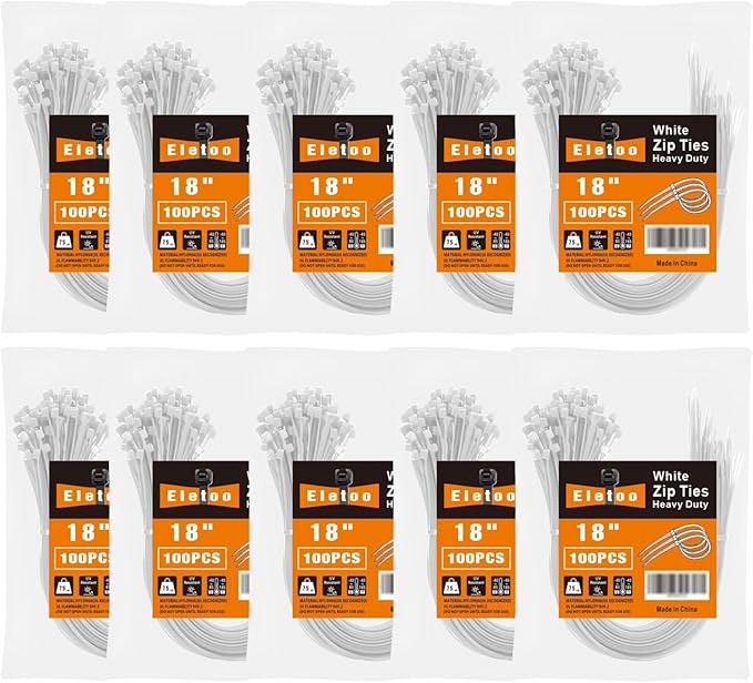 Eletoo18 Inch White Zip Ties Heavy Duty 1000 Pack, 75LBS Tensile Strength, Self-Locking Heavy Duty UV Resistant Cable Ties for Indoor and Outdoor Use