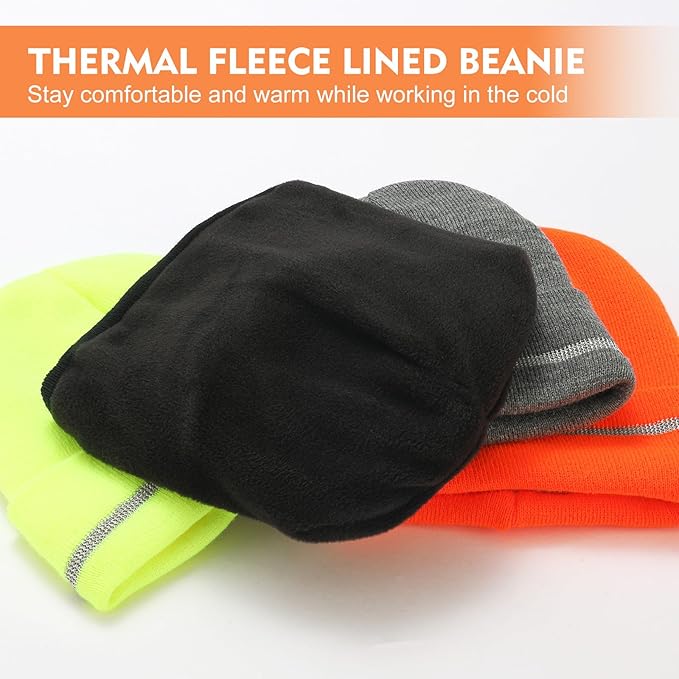 MELASA Fleece Lined Warm Winter Hat, High Visible Reflective Strip Knit Cuffed Beanie Safety Hat for Outdoor Work Running